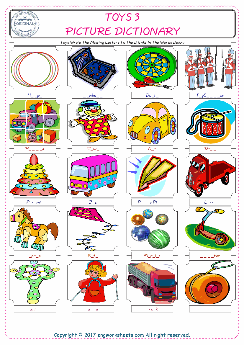  Toys Words English worksheets For kids, the ESL Worksheet for finding and typing the missing letters of Toys Words 